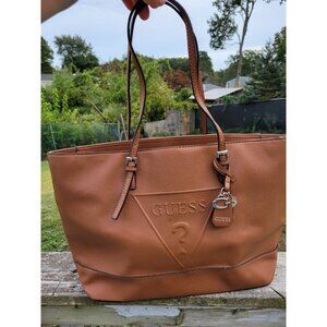 Guess Handbag Shopper Tote Shoulder Bag Embossed  Logo Brown Saffiano Leather